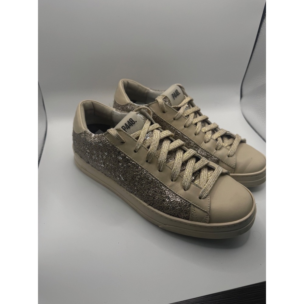 P448 John Sneakers Womens 39 Beige Excellent Sequin Low Top Lace Up